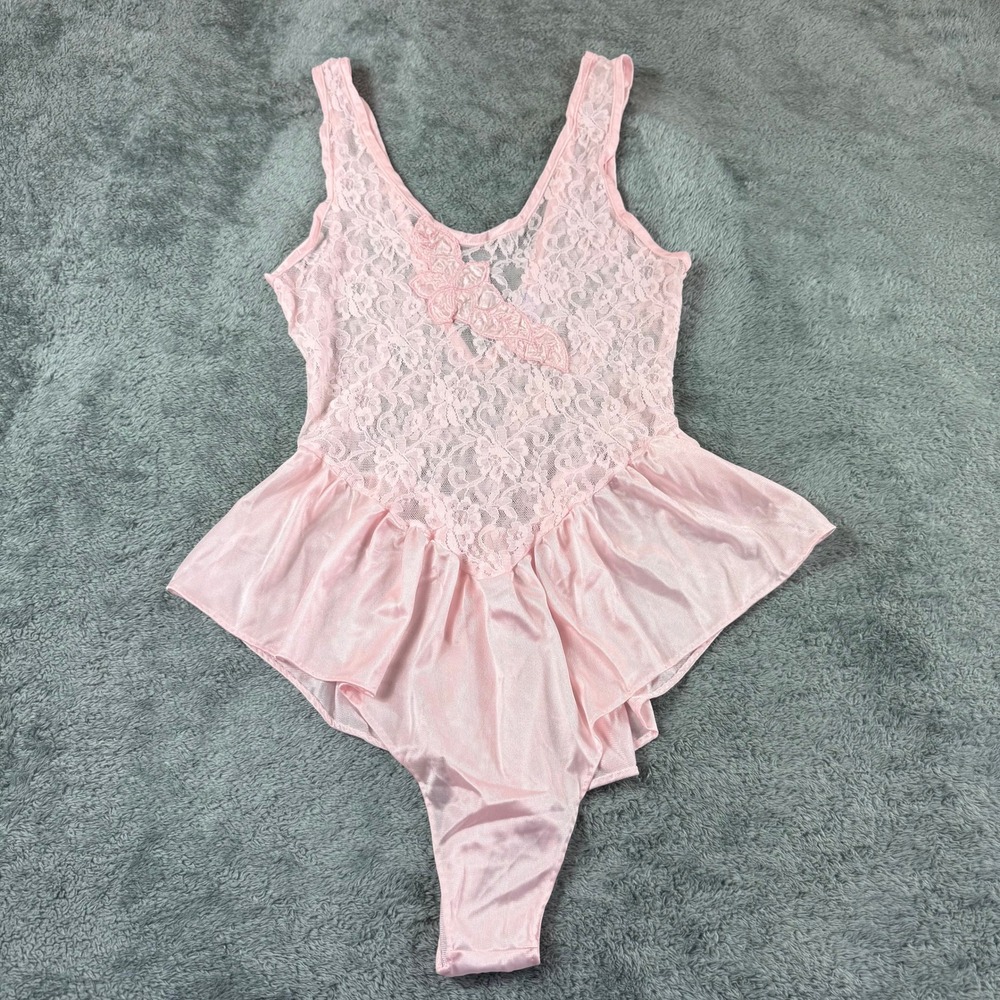 Gloria Vanderbilt Vintage Pink Lace Teddy Ruffle Lingerie Bodysuit‎ Medium USA